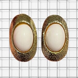 1980's White Cabochon and Textured Gold Earrings for Pierced Ears